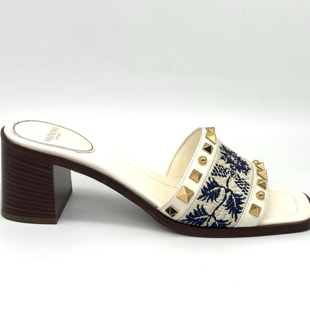 Valentino County Rockstud Slide Sandals Embroidered Mules Heels Shoes - Picture 12 of 16
